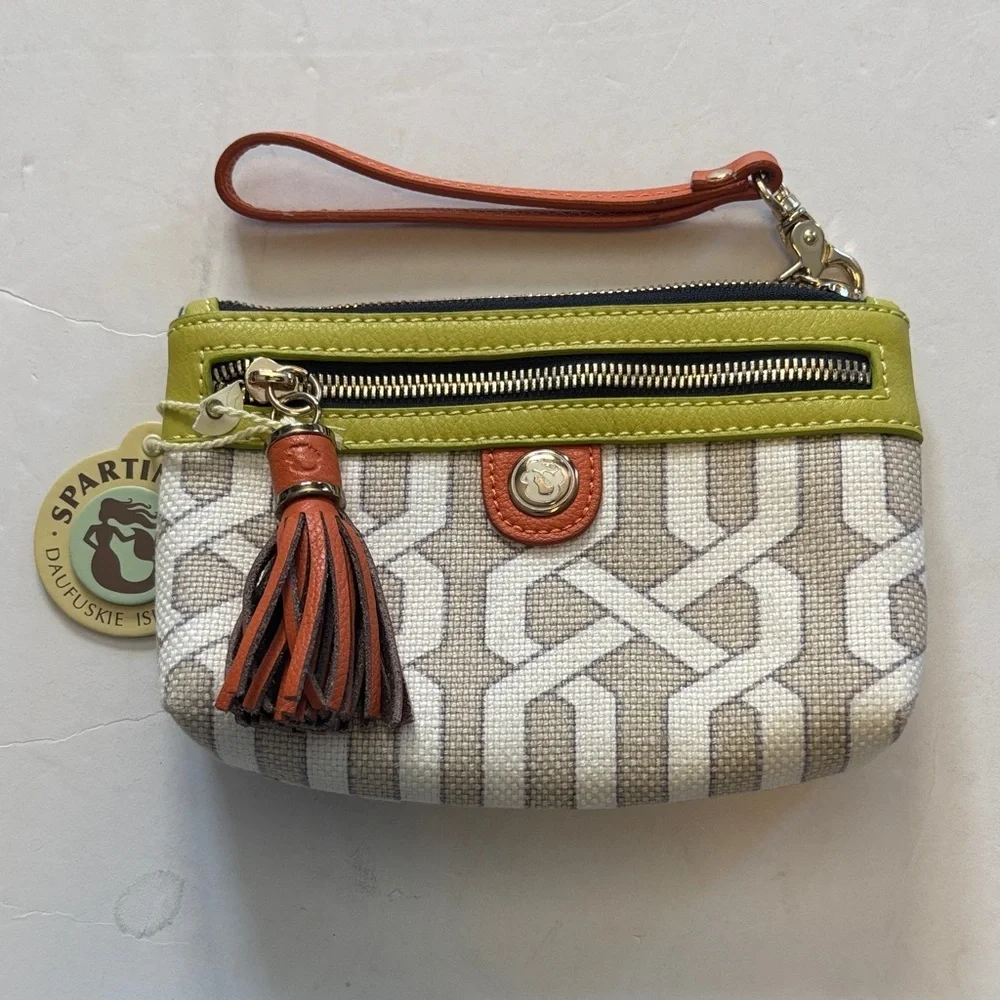 SPARTINA 449 NWTS WRISTLET LIME GREEN TAN/BEIGE/BURNT ORANGE LINEN AND LEATHER